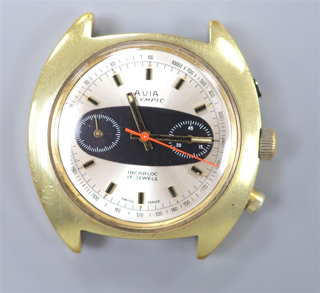 A gentlemans gilt steel Avia Olympic manual wind chronograph wrist watch, (no strap & button missing), case diameter 40mm.